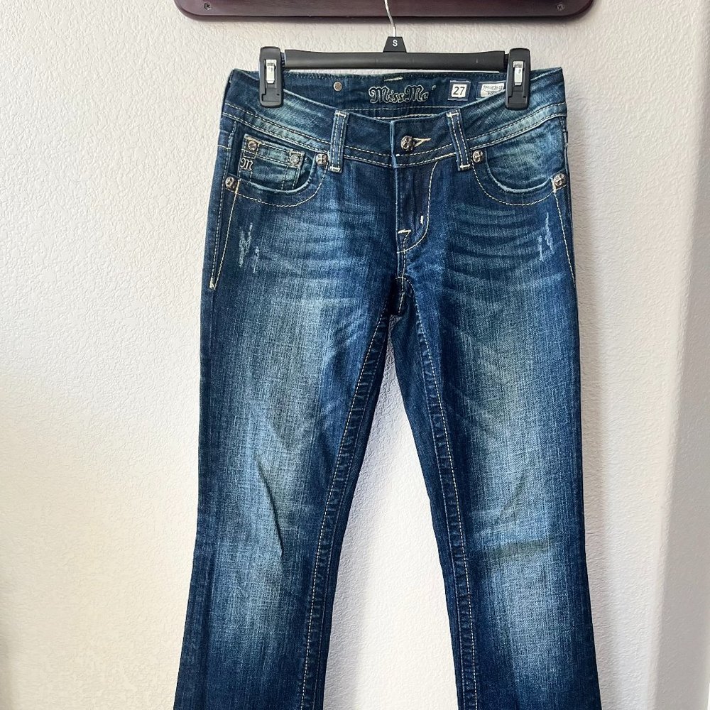 Miss Me - Boot Cut Dark Wash Jean - Angel Wing Back Pockets